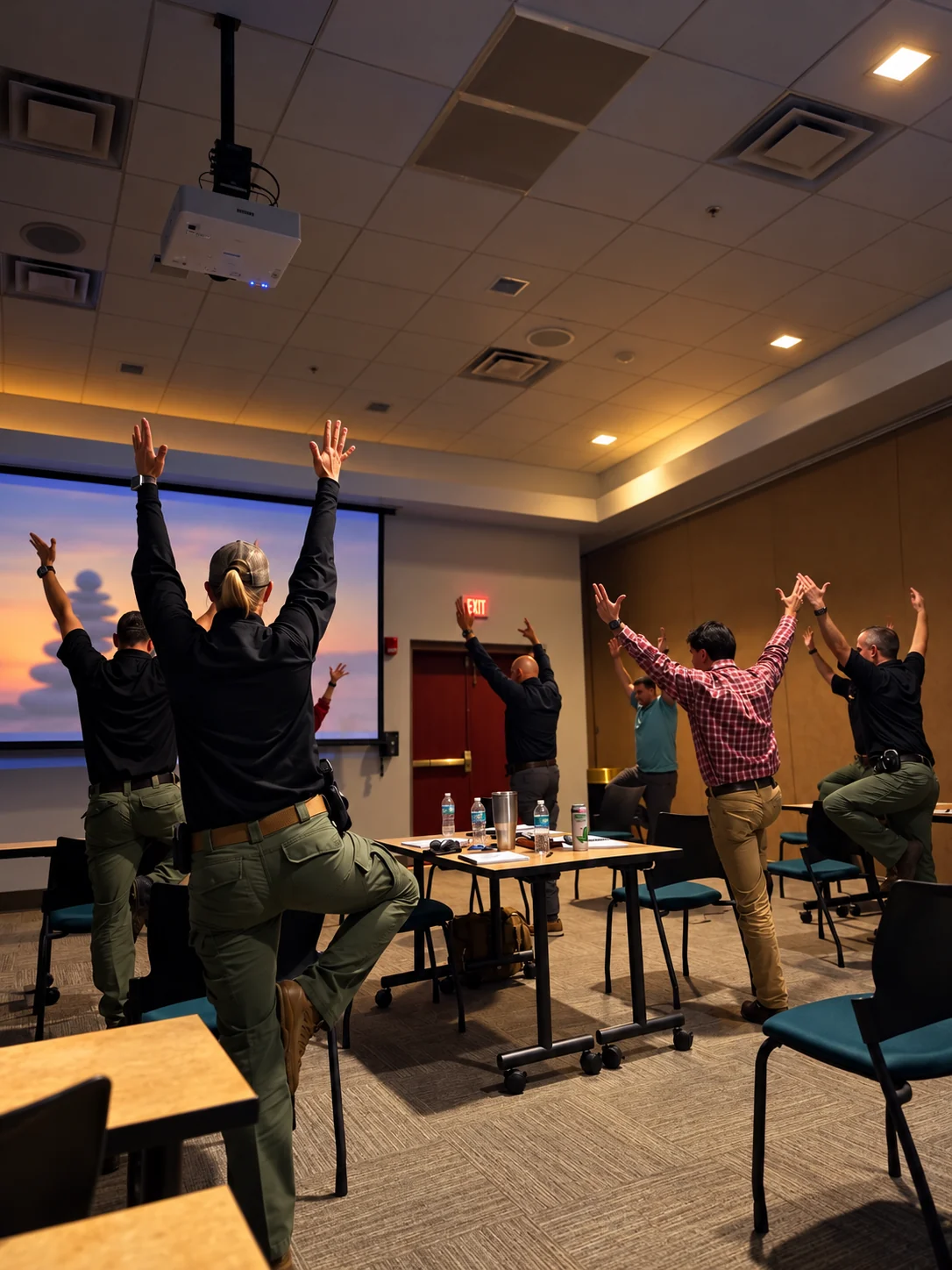 Law enforcement participants practicing chair-yoga balance techniques in a softly lit training room