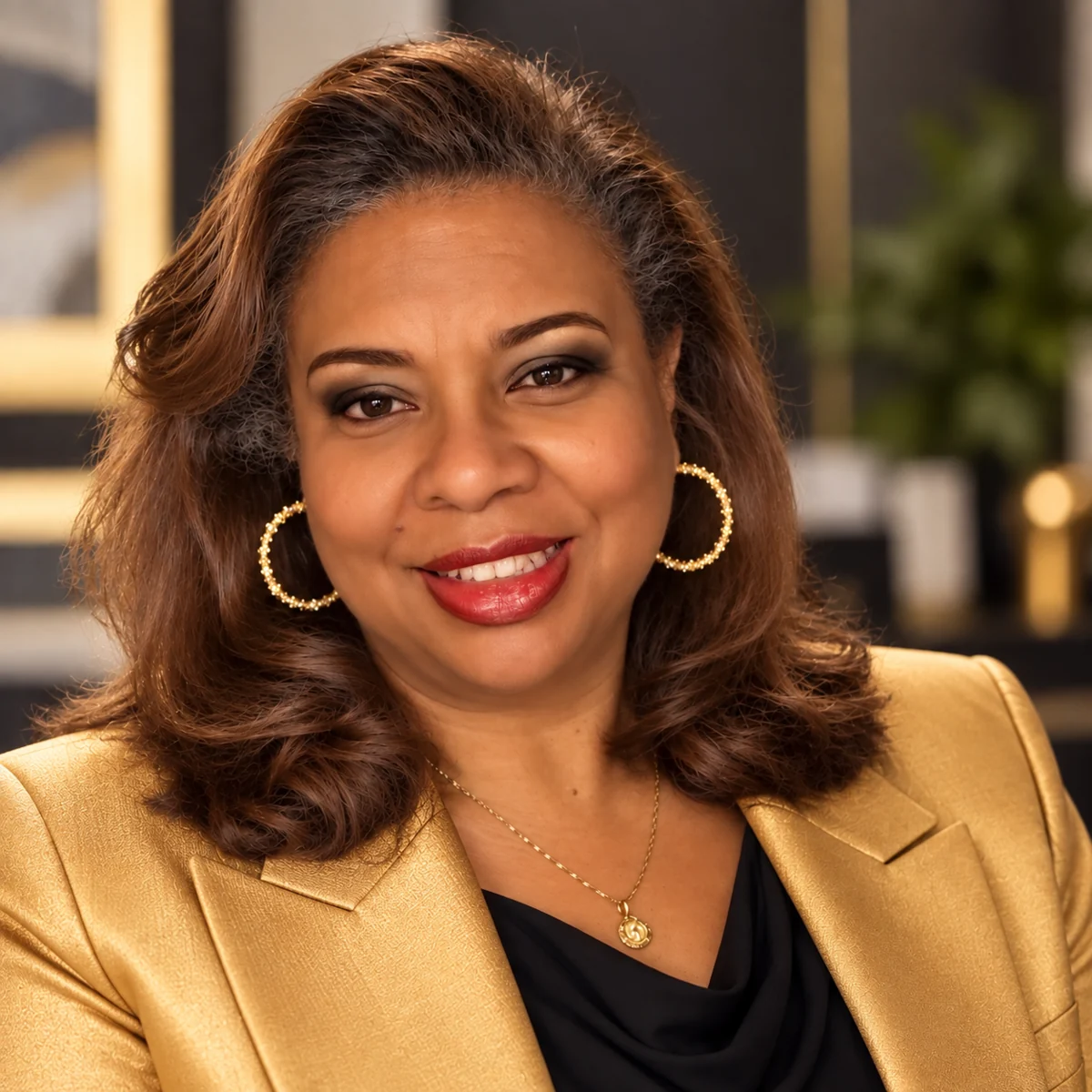 Desirée S. Nero wearing a gold jacket over a black top