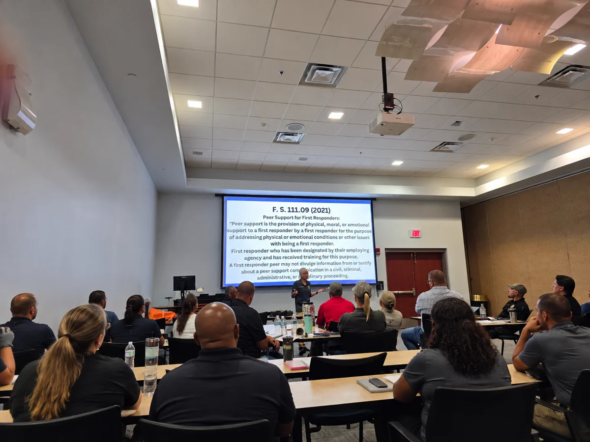 The Second Alarm Project presenting a critical incident response discussion during FDLE stress-management training